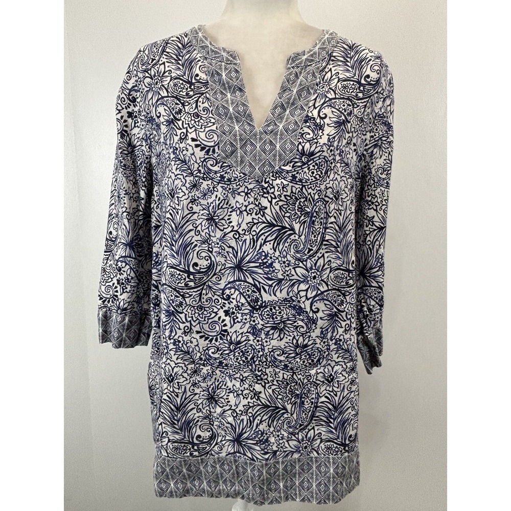 Sigrid Olsen 100% Linen Tunic Top Sz Large Women's Blue Paisley 3/4 Sleeves